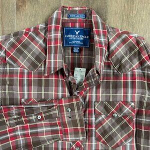 New American Eagle Vintage Fit Snap Shirt Mens XLarge Plaid Western Red Rodeo